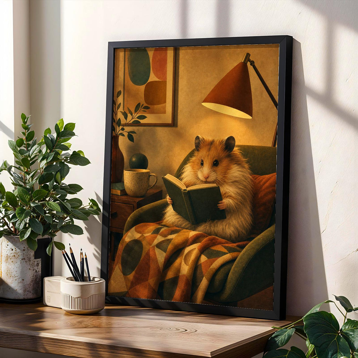 Product gallery view of Long Haired Syrian Hamster Reading in Armchair Poster.