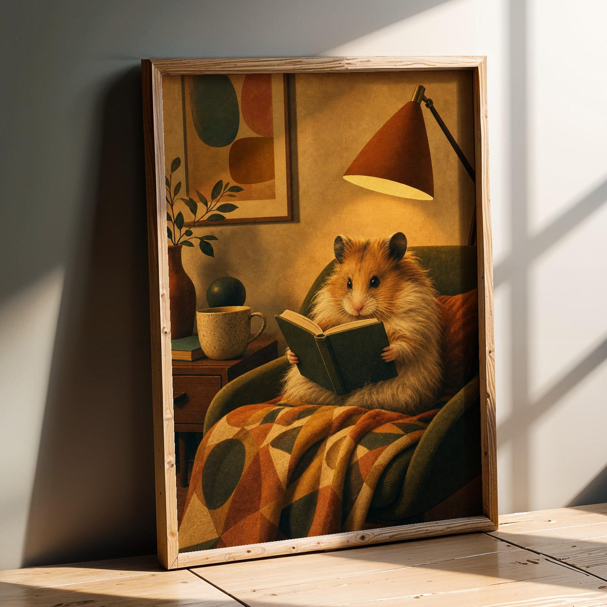 Product presentation view of Long Haired Syrian Hamster Reading in Armchair Poster.