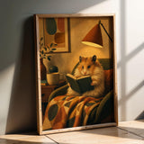 Product presentation view of Long Haired Syrian Hamster Reading in Armchair Poster.