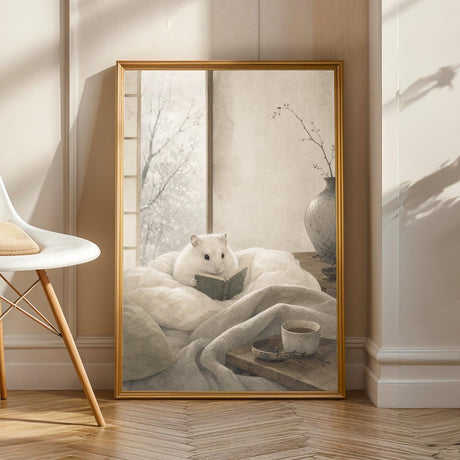 Product view of Winter White Hamster Reading in Bed Poster.
