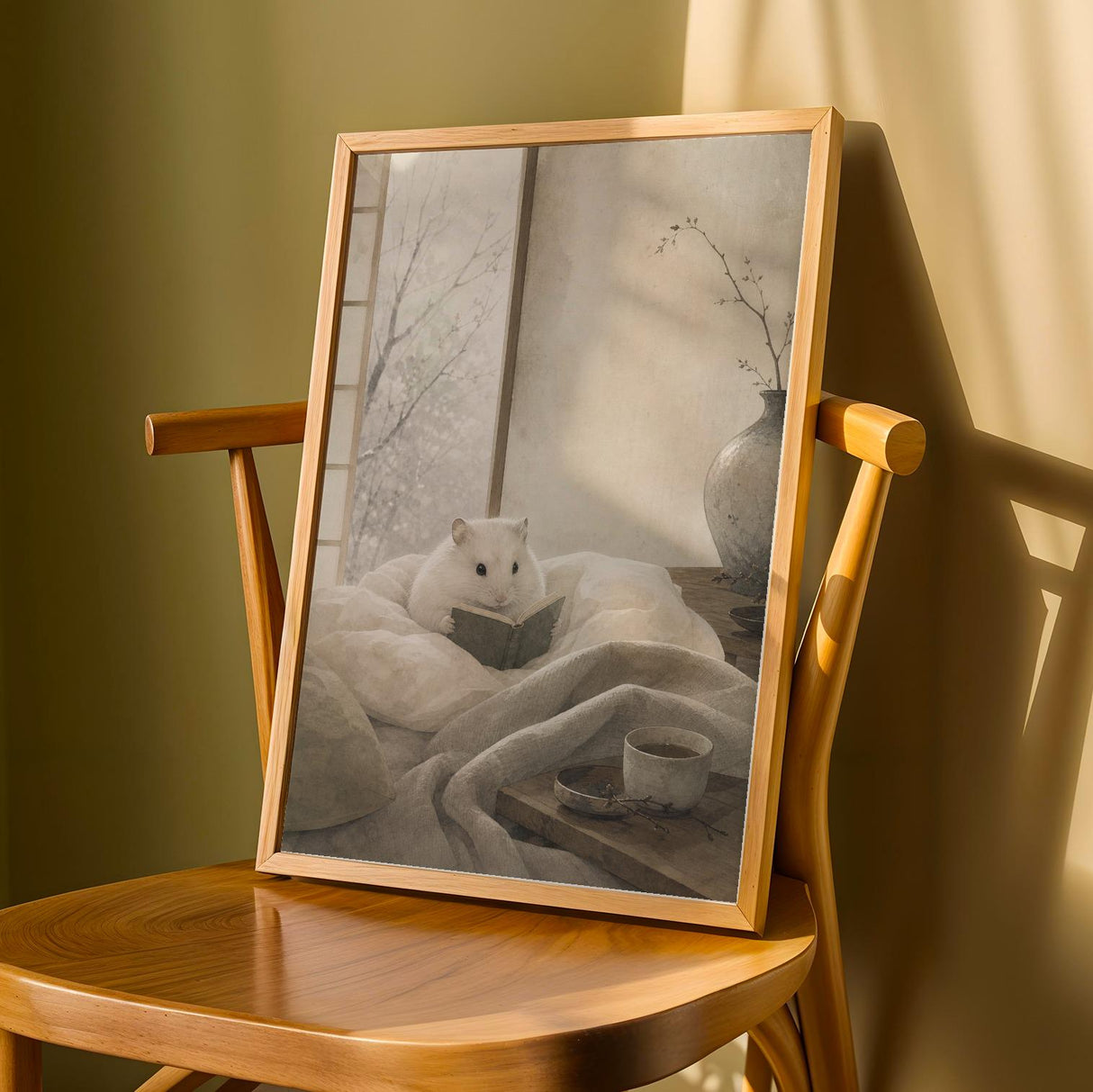 Product detail view of Winter White Hamster Reading in Bed Poster.