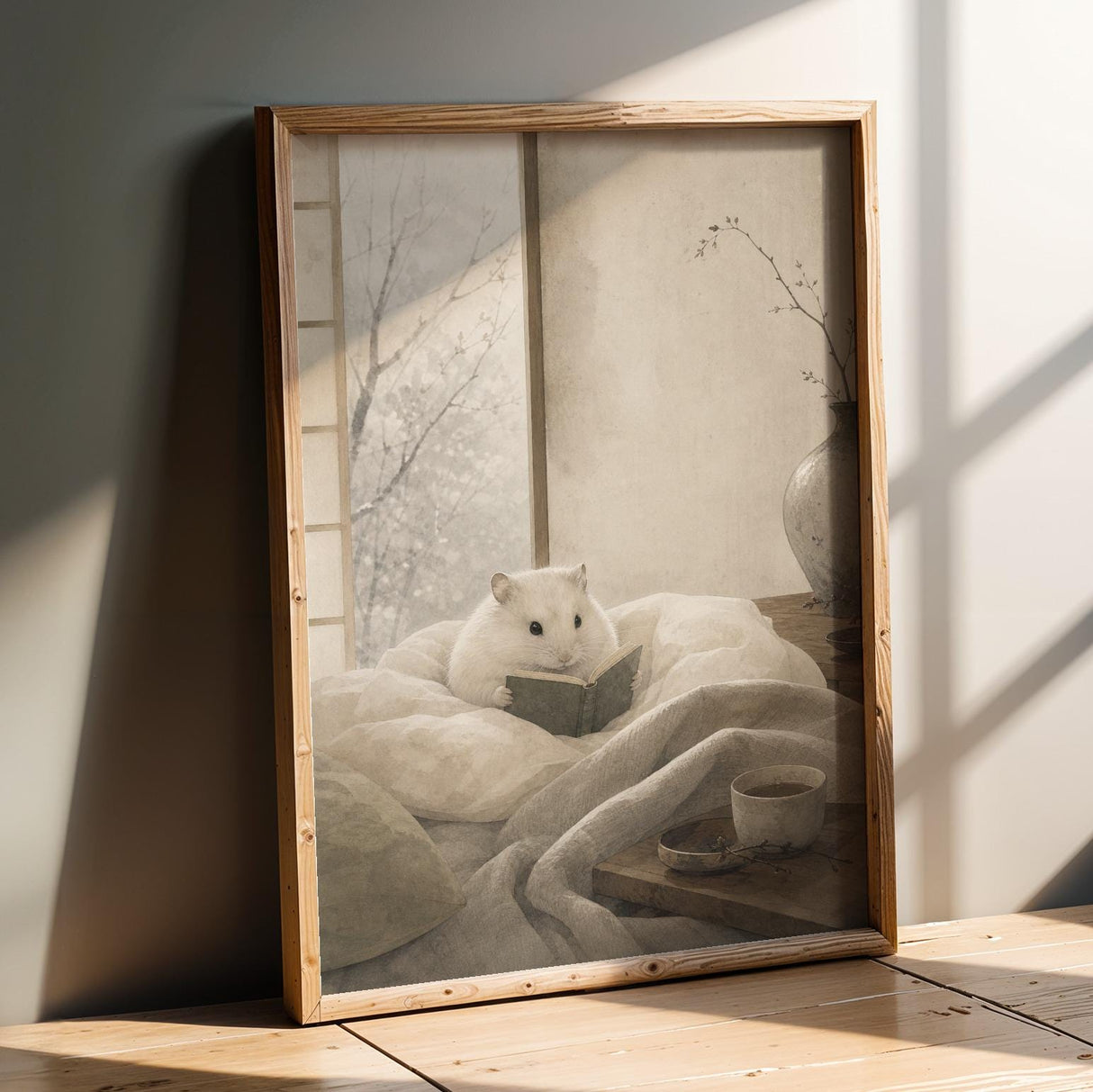 Product presentation view of Winter White Hamster Reading in Bed Poster.
