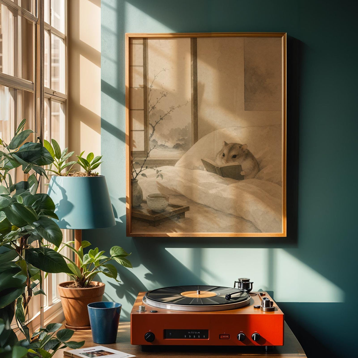 Alternate product view of Russian Dwarf Hamster Reading in Bed Poster.
