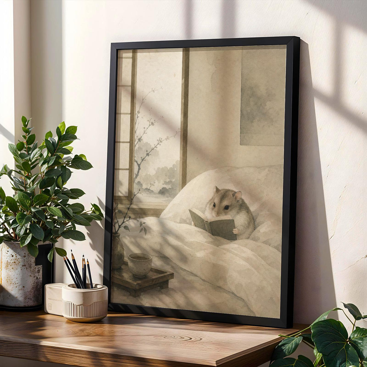 Product gallery view of Russian Dwarf Hamster Reading in Bed Poster.