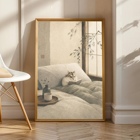 Hamster reading a book poster in Japanese sumi-e ink wash style.