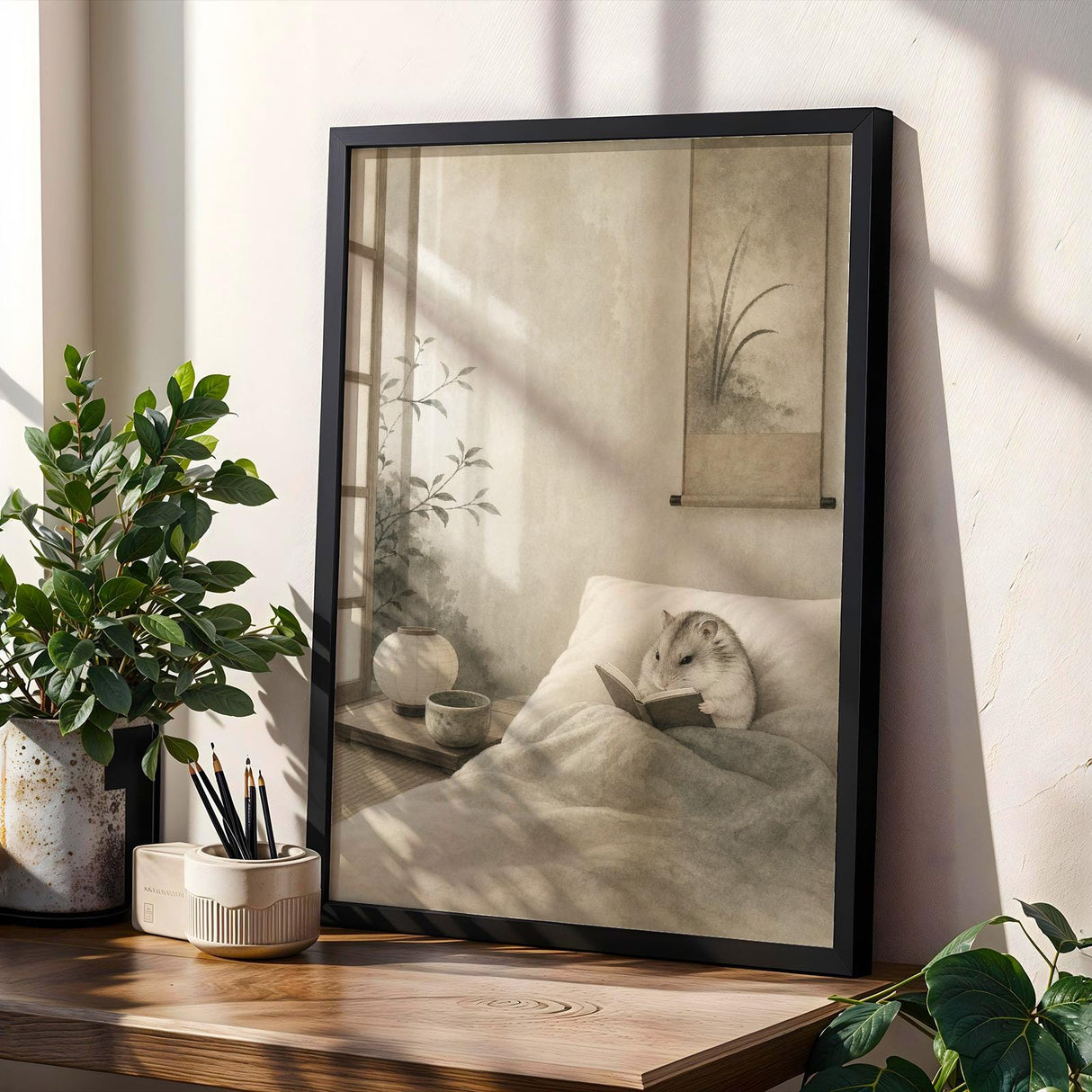 Product gallery view of Pearl Dwarf Hamster Reading in Bed Poster.