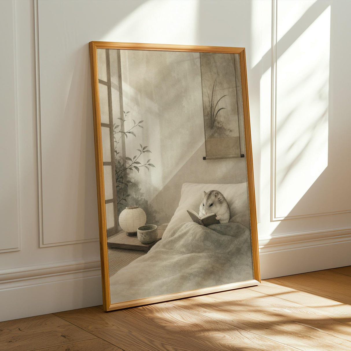 Alternate product presentation of Pearl Dwarf Hamster Reading in Bed Poster.
