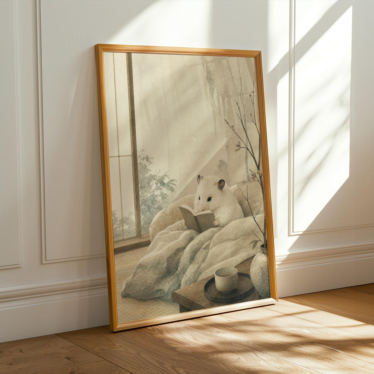 Alternate product presentation of White Syrian Hamster Reading in Bed Poster.