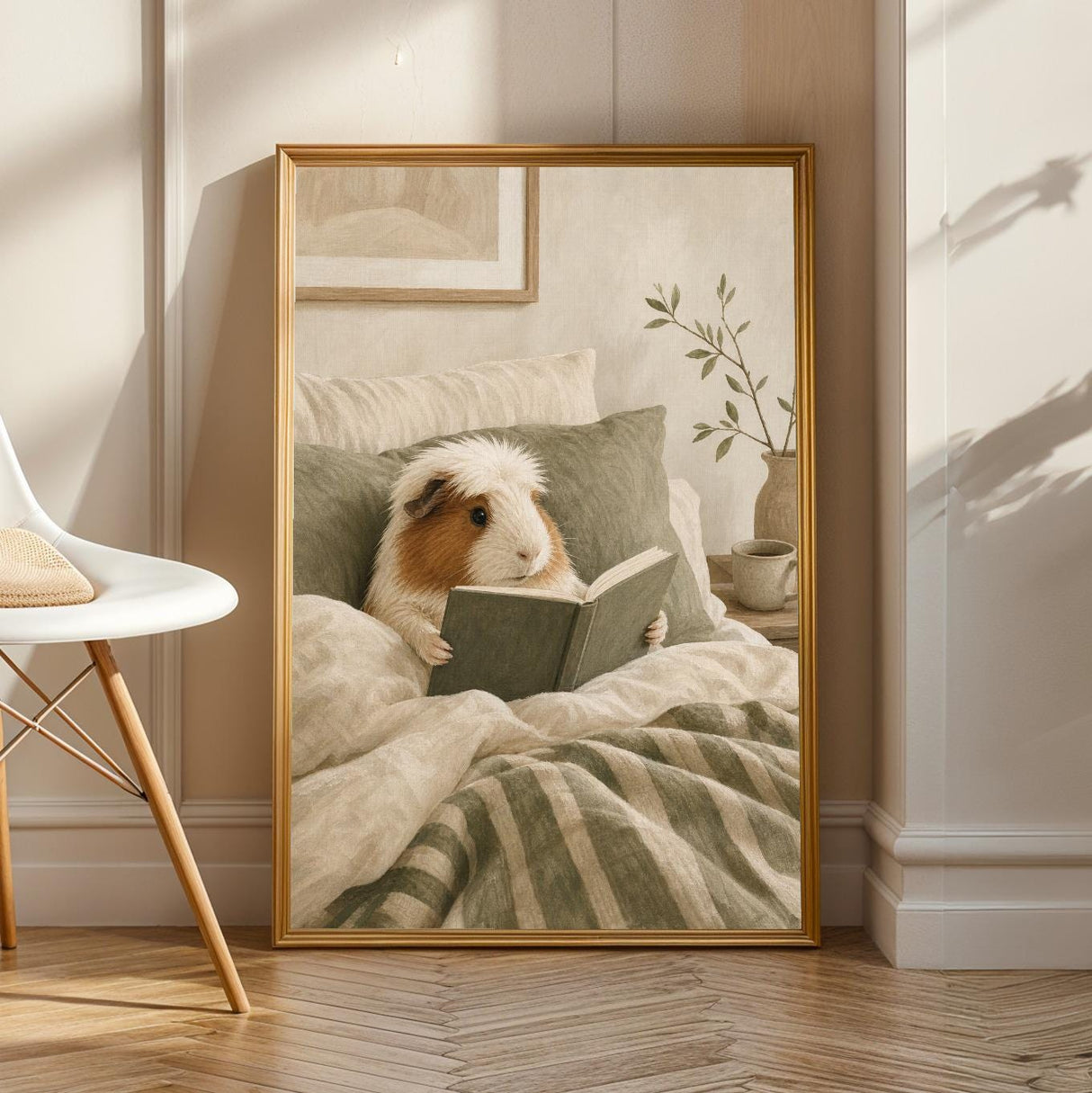 Product view of White Crested Guinea Pig Reading in Bed Poster.