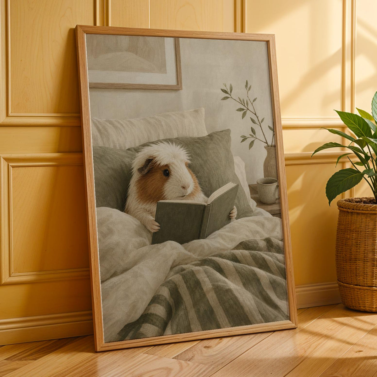 Additional product presentation of White Crested Guinea Pig Reading in Bed Poster.