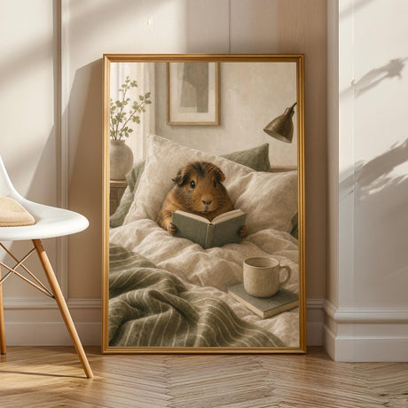 Product view of Abyssinian Guinea Pig Reading in Bed Poster.