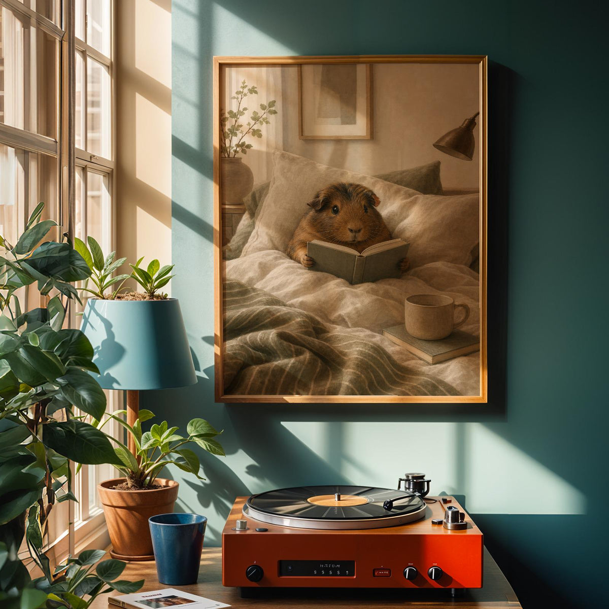 Alternate product view of Abyssinian Guinea Pig Reading in Bed Poster.
