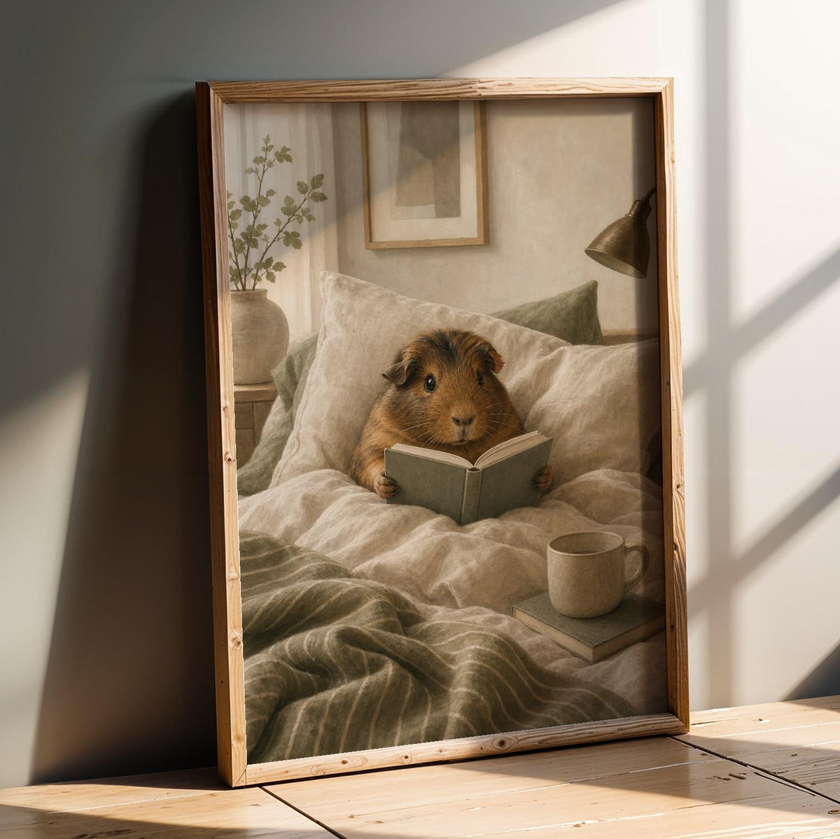 Product presentation view of Abyssinian Guinea Pig Reading in Bed Poster.