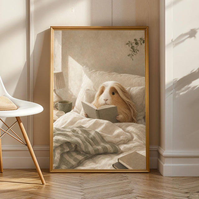 Product view of Peruvian Guinea Pig Reading in Bed Poster.