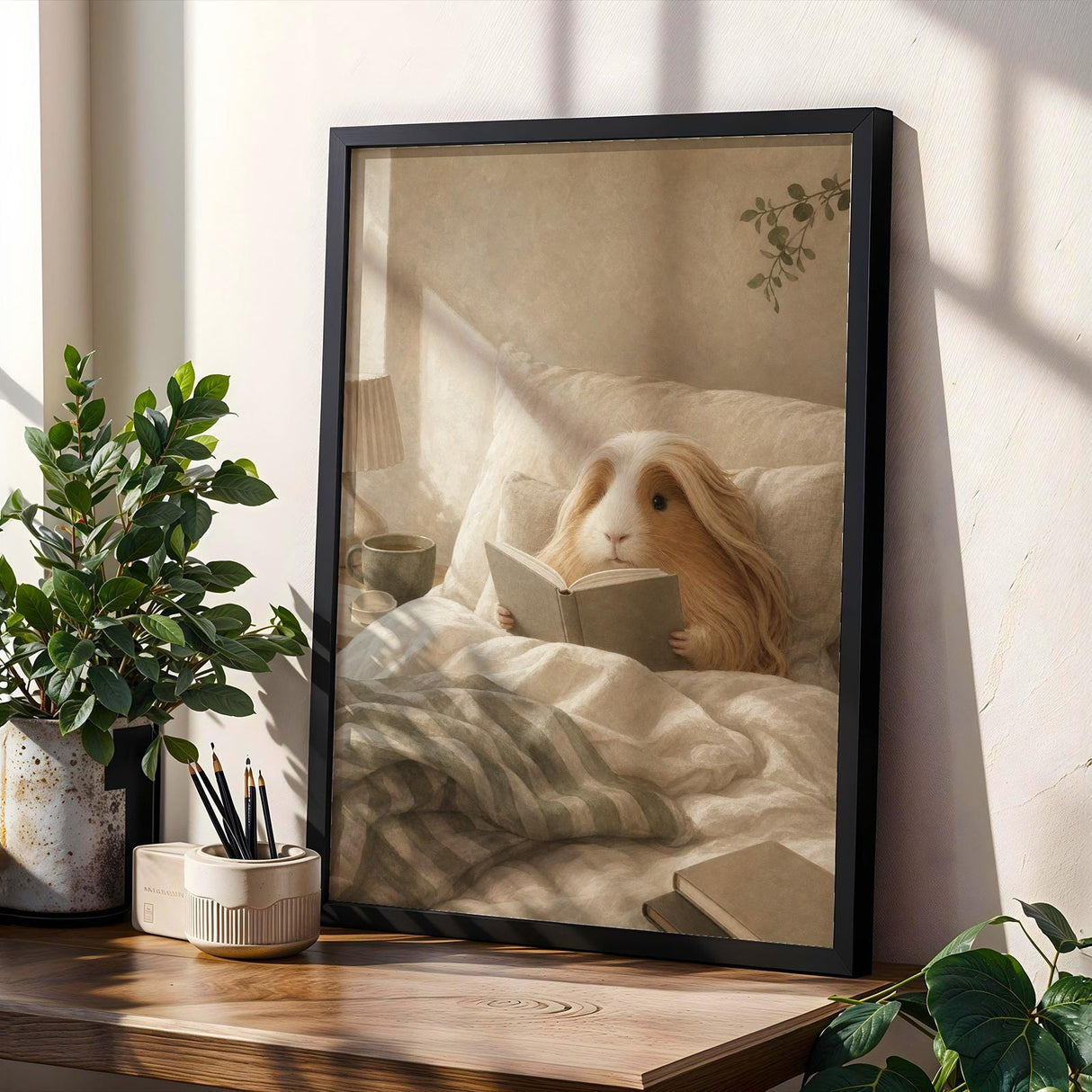 Product gallery view of Peruvian Guinea Pig Reading in Bed Poster.