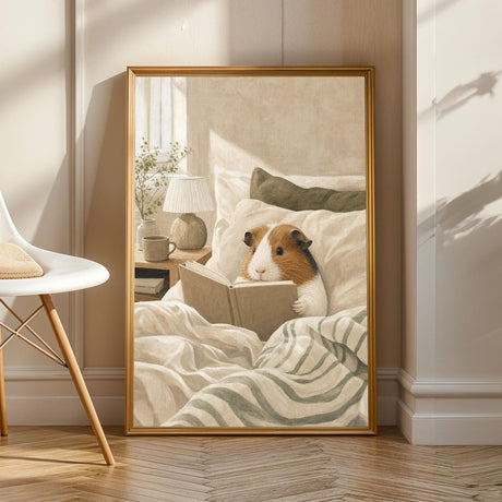 Product view of American Guinea Pig Reading in Bed Poster.