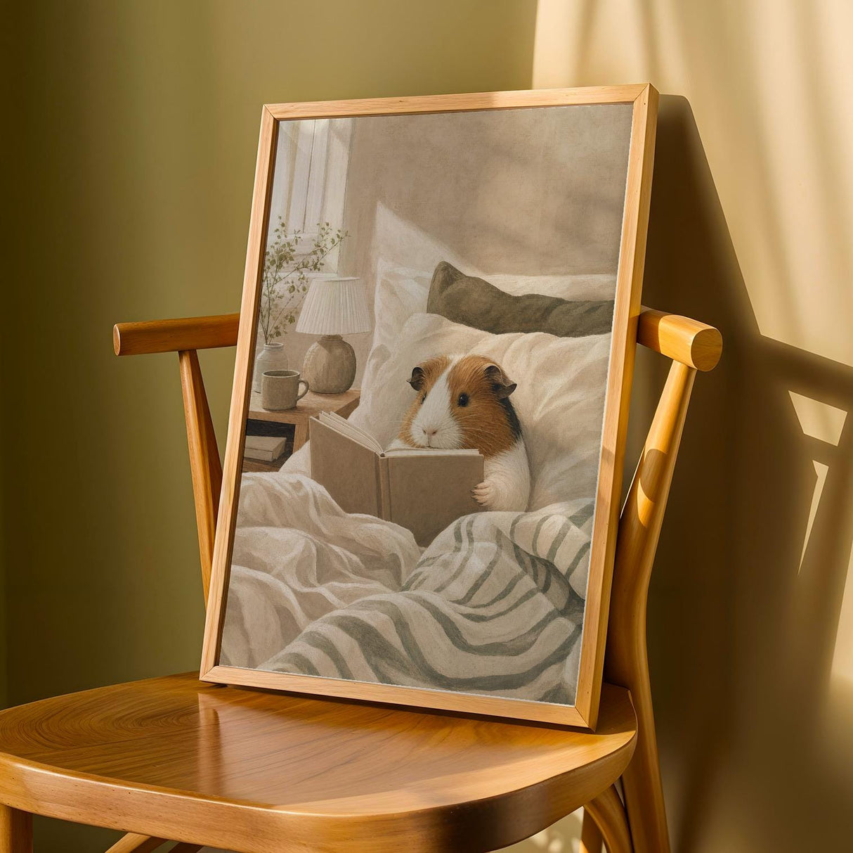 Product detail view of American Guinea Pig Reading in Bed Poster.