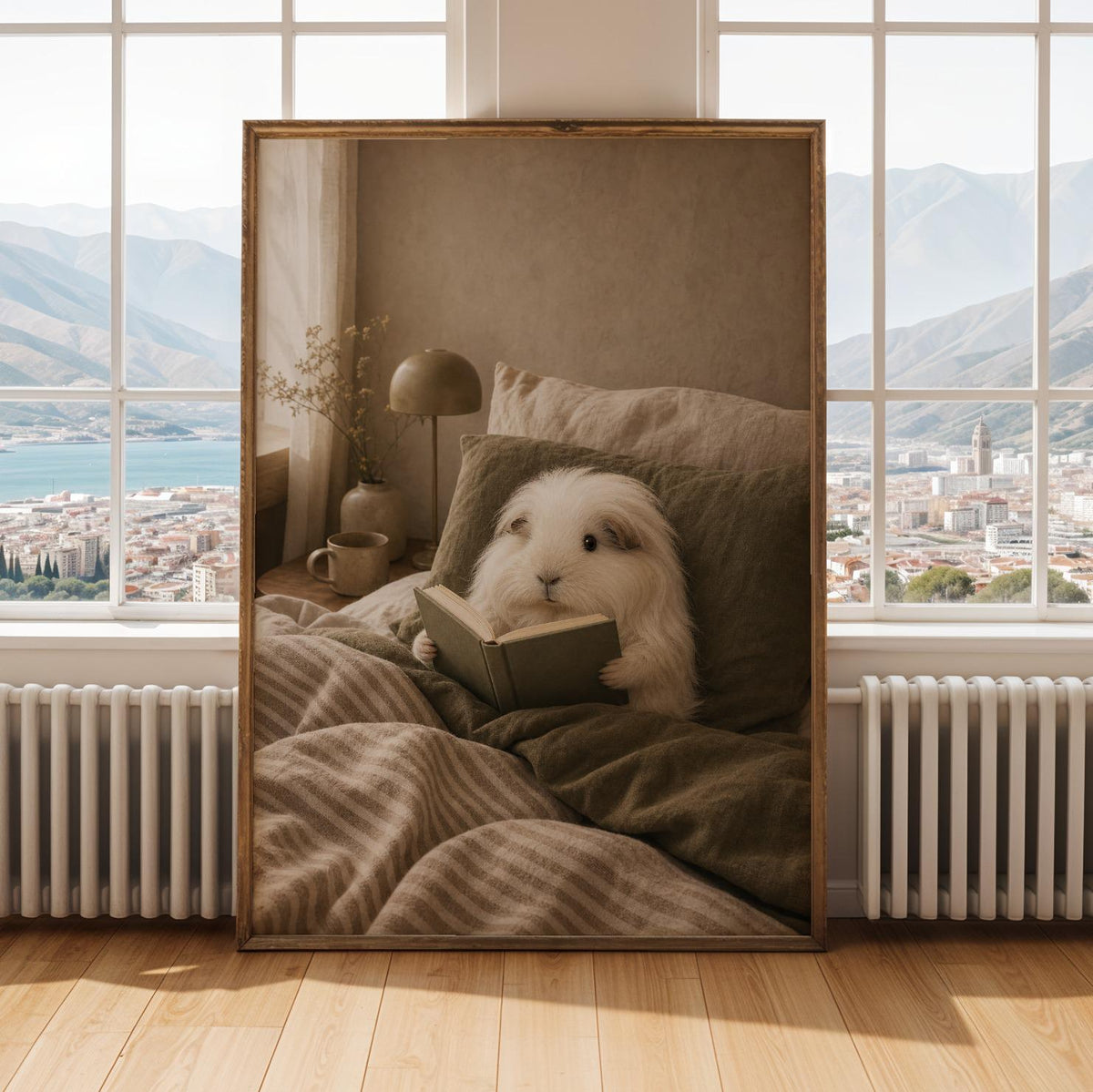 Alternate gallery view of Silkie Guinea Pig Reading in Bed Poster.