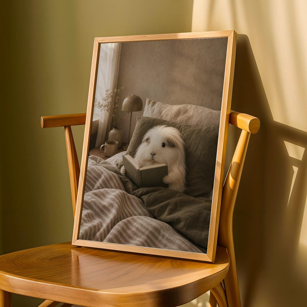 Product detail view of Silkie Guinea Pig Reading in Bed Poster.