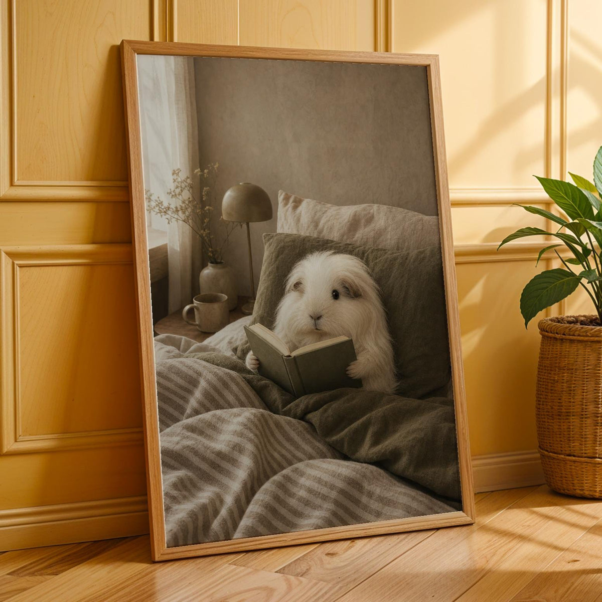 Additional product presentation of Silkie Guinea Pig Reading in Bed Poster.
