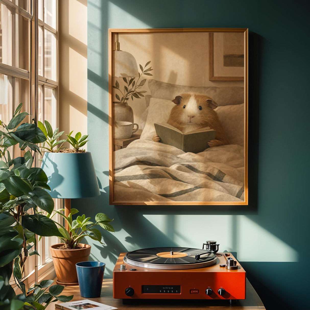 Alternate product view of Teddy Guinea Pig Reading in Bed Poster.
