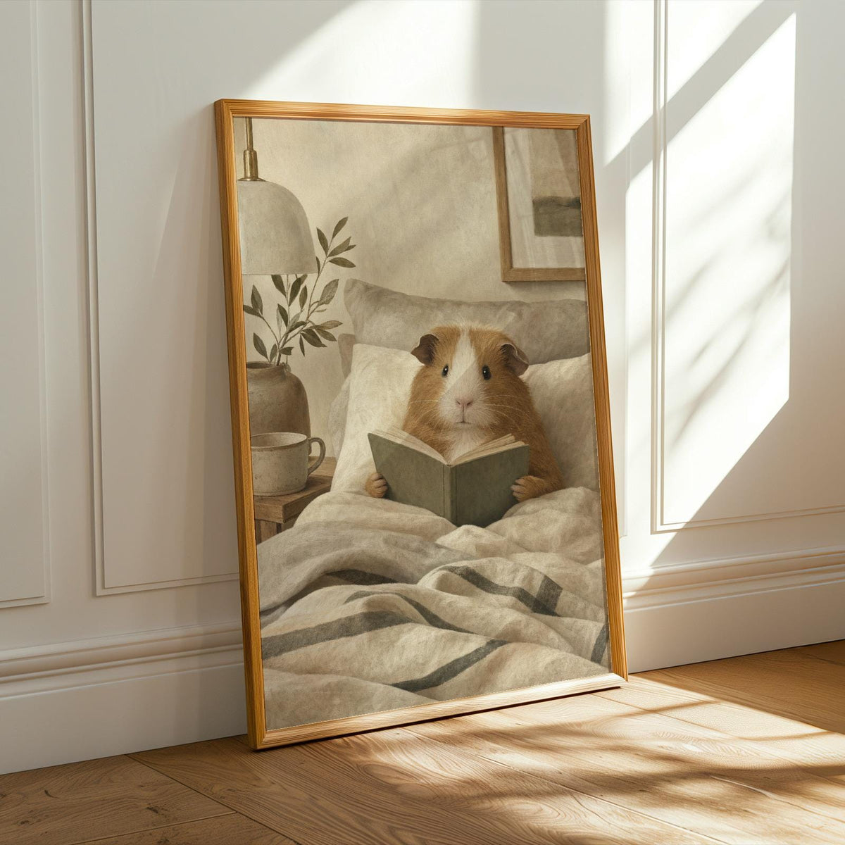 Alternate product presentation of Teddy Guinea Pig Reading in Bed Poster.