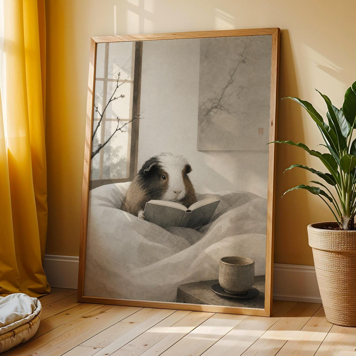 Additional product view of White Guinea Pig Reading in Bed Poster.