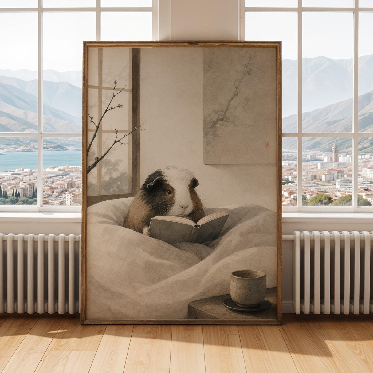 Alternate gallery view of White Guinea Pig Reading in Bed Poster.