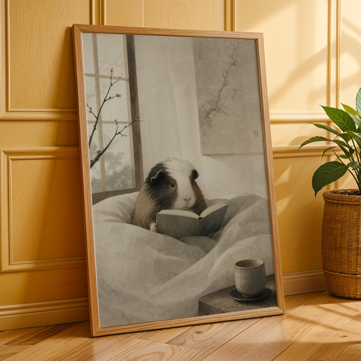Additional product presentation of White Guinea Pig Reading in Bed Poster.
