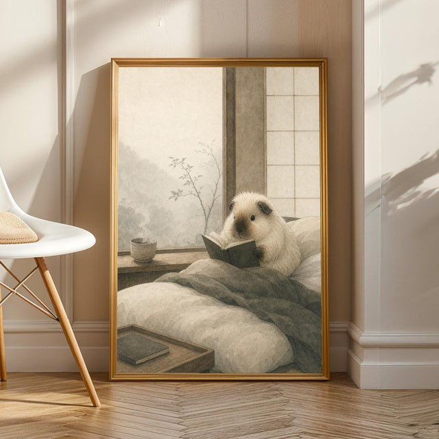 Product view of Himalayan Guinea Pig Reading in Bed Poster.