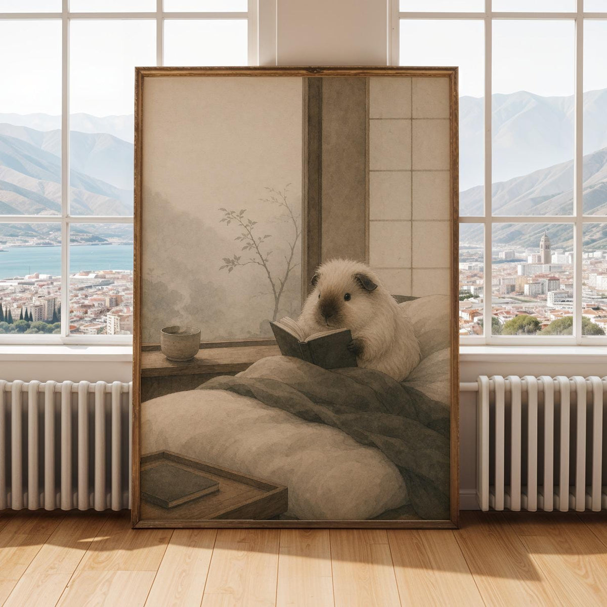Alternate gallery view of Himalayan Guinea Pig Reading in Bed Poster.