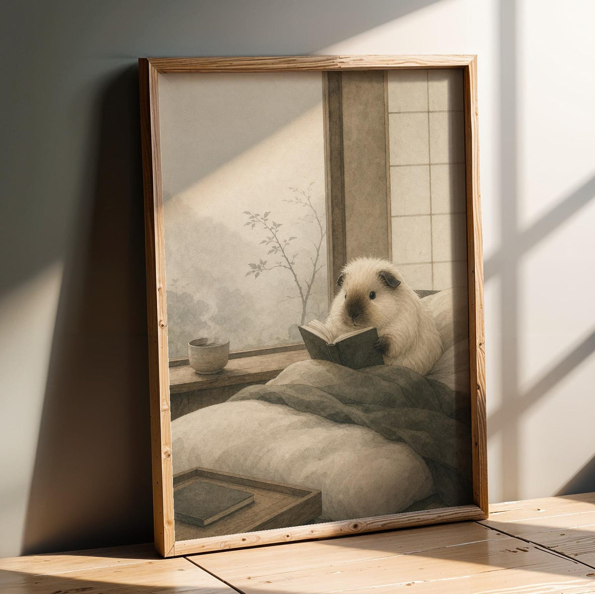 Product presentation view of Himalayan Guinea Pig Reading in Bed Poster.