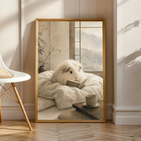 Product view of Silkie Guinea Pig Reading in Bed Poster.