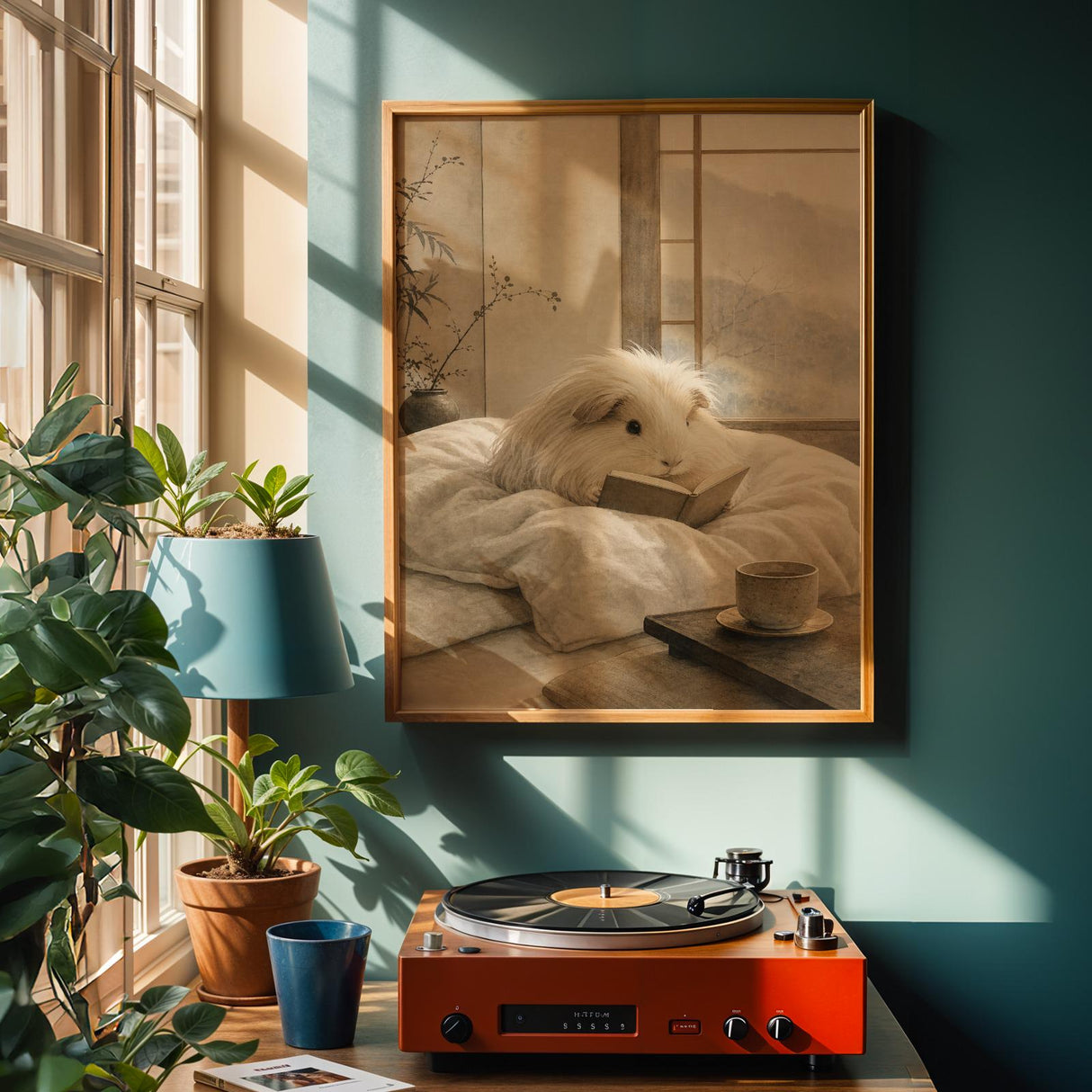 Alternate product view of Silkie Guinea Pig Reading in Bed Poster.