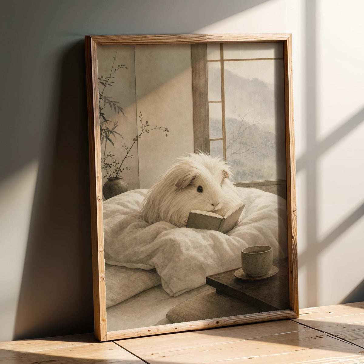 Product presentation view of Silkie Guinea Pig Reading in Bed Poster.