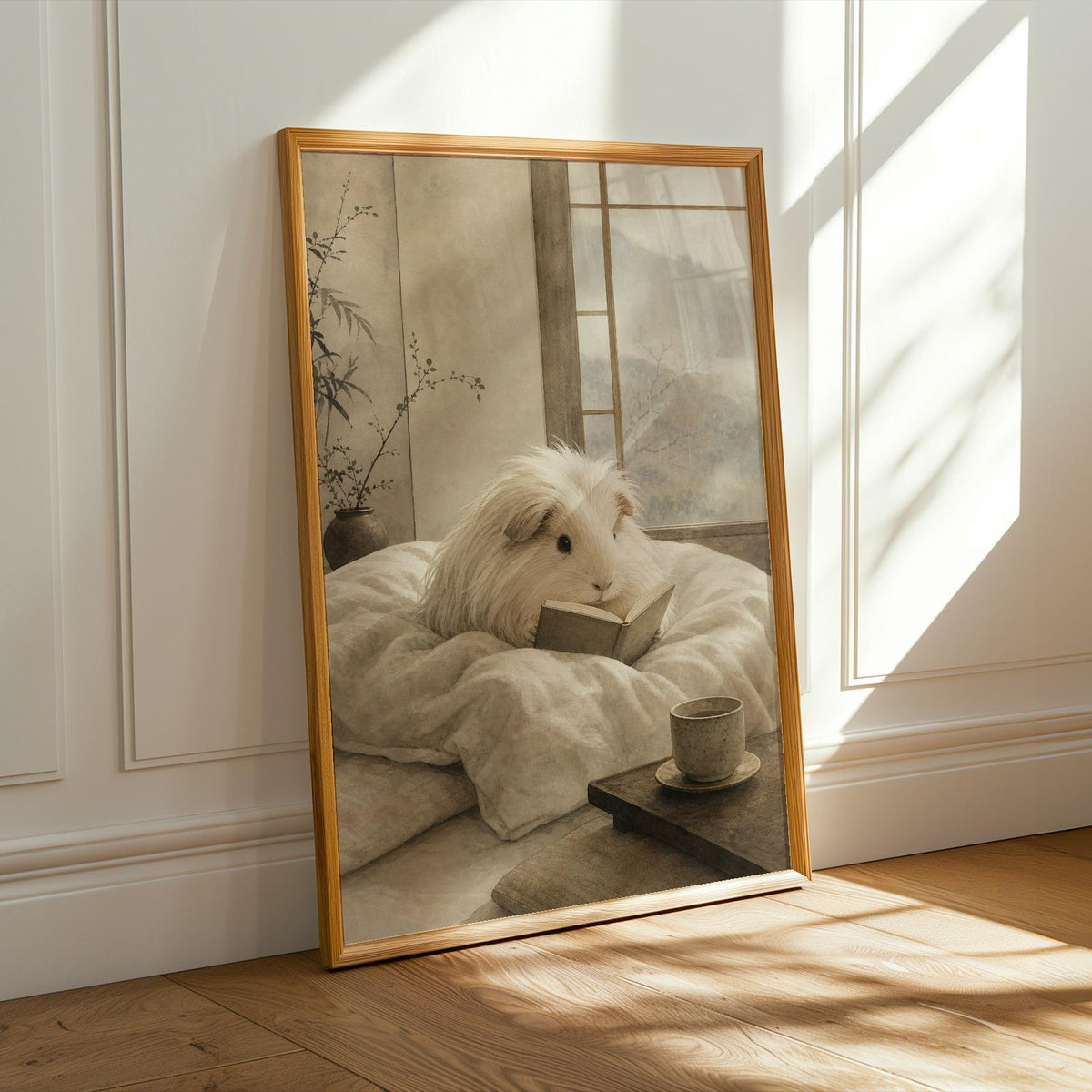 Alternate product presentation of Silkie Guinea Pig Reading in Bed Poster.