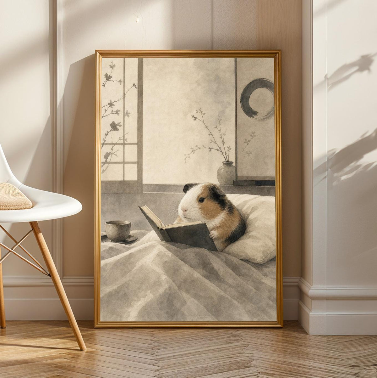 Product view of American Guinea Pig Reading in Bed Poster.