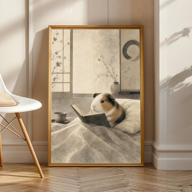 Product view of American Guinea Pig Reading in Bed Poster.
