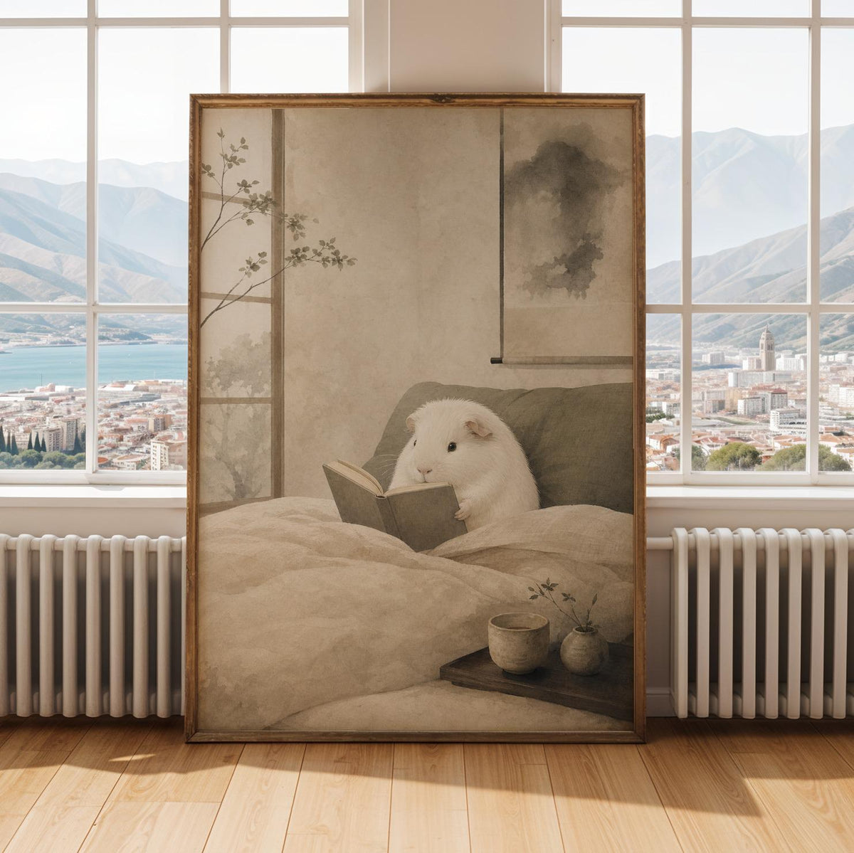 Alternate gallery view of White Guinea Pig Reading in Bed Poster.