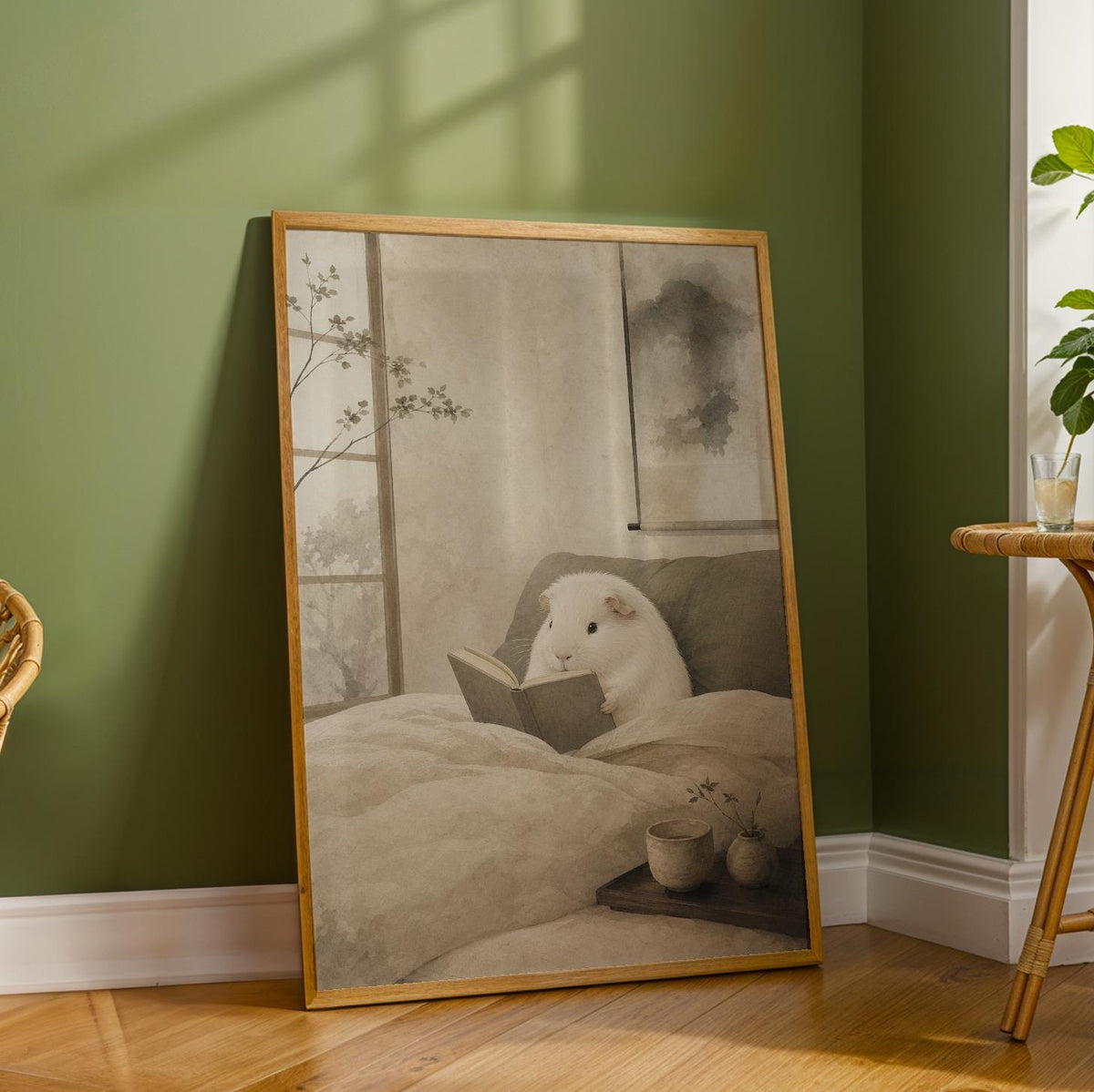 Additional product detail of White Guinea Pig Reading in Bed Poster.