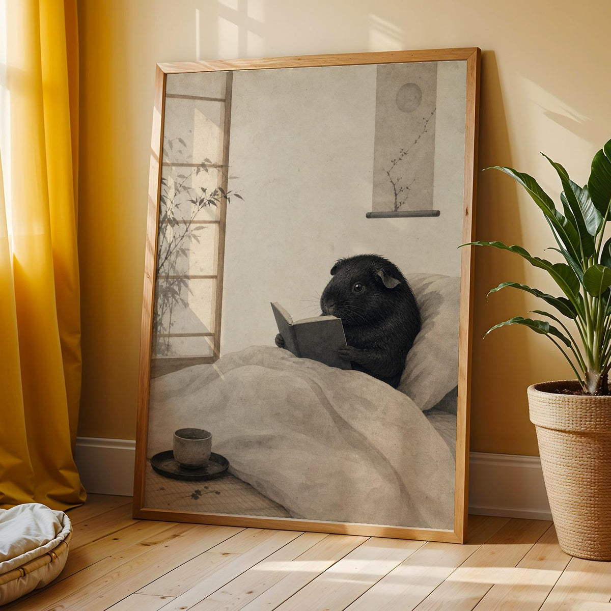 Additional product view of Black Guinea Pig Reading in Bed Poster.