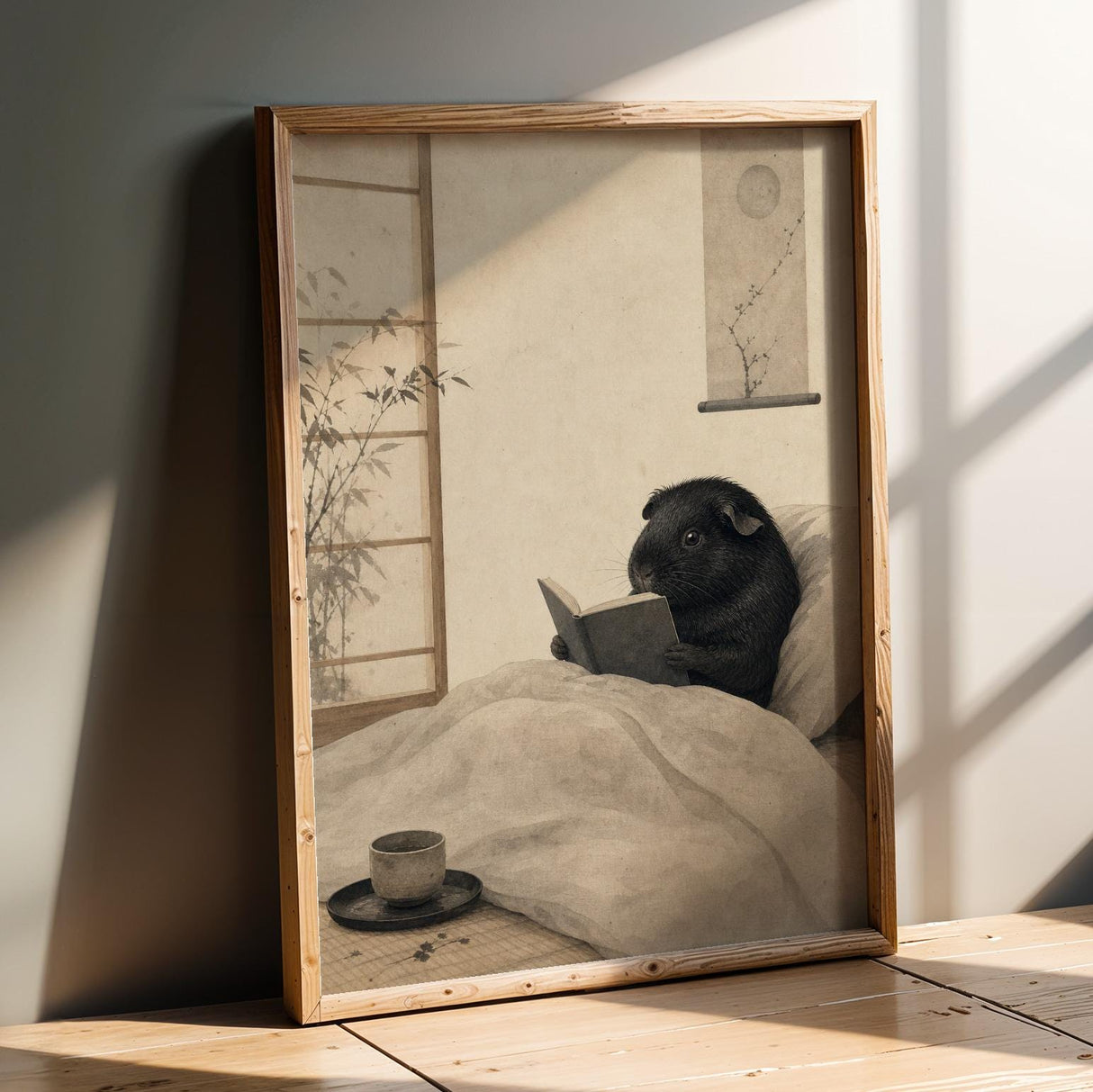 Product presentation view of Black Guinea Pig Reading in Bed Poster.
