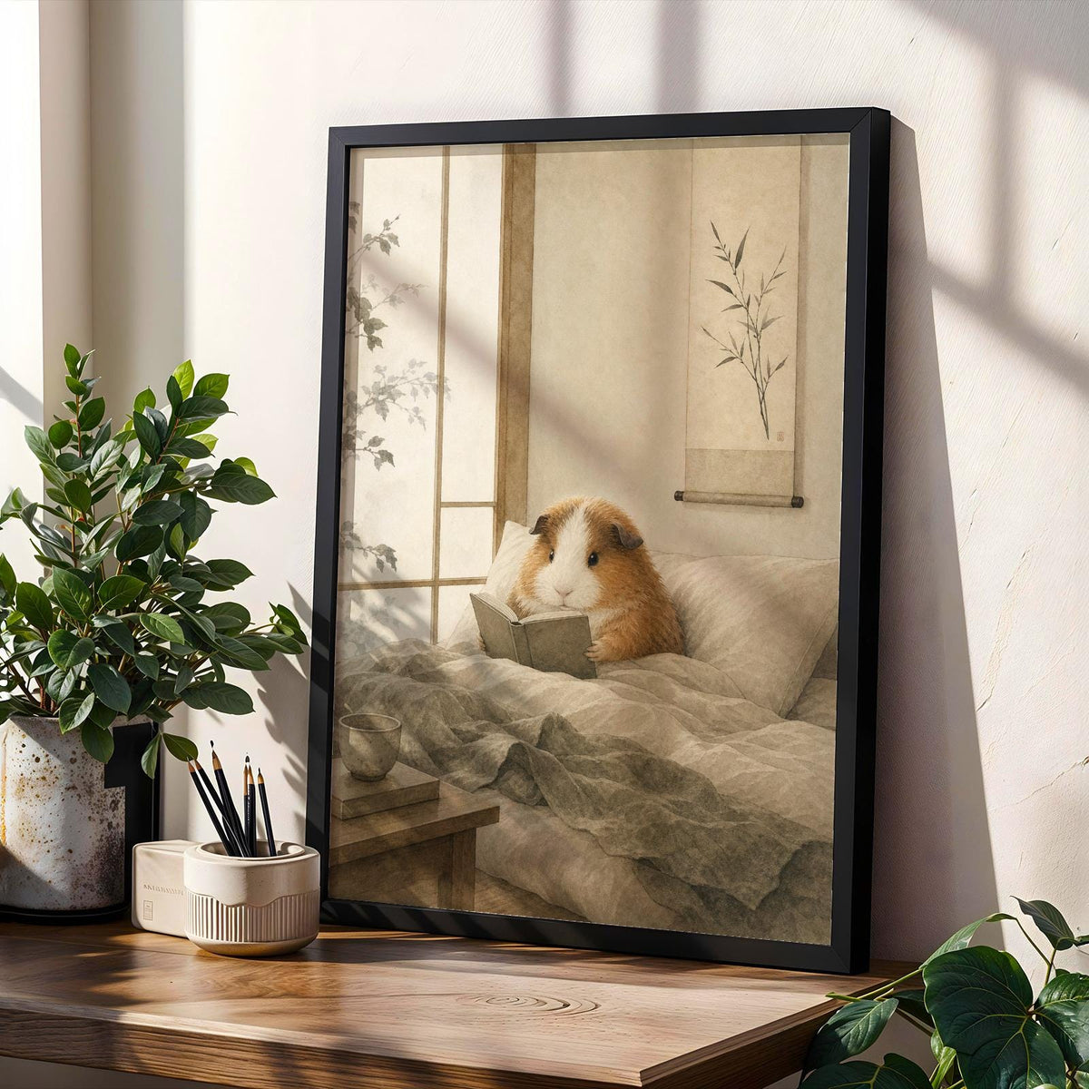 Product gallery view of Teddy Guinea Pig Reading in Bed Poster.