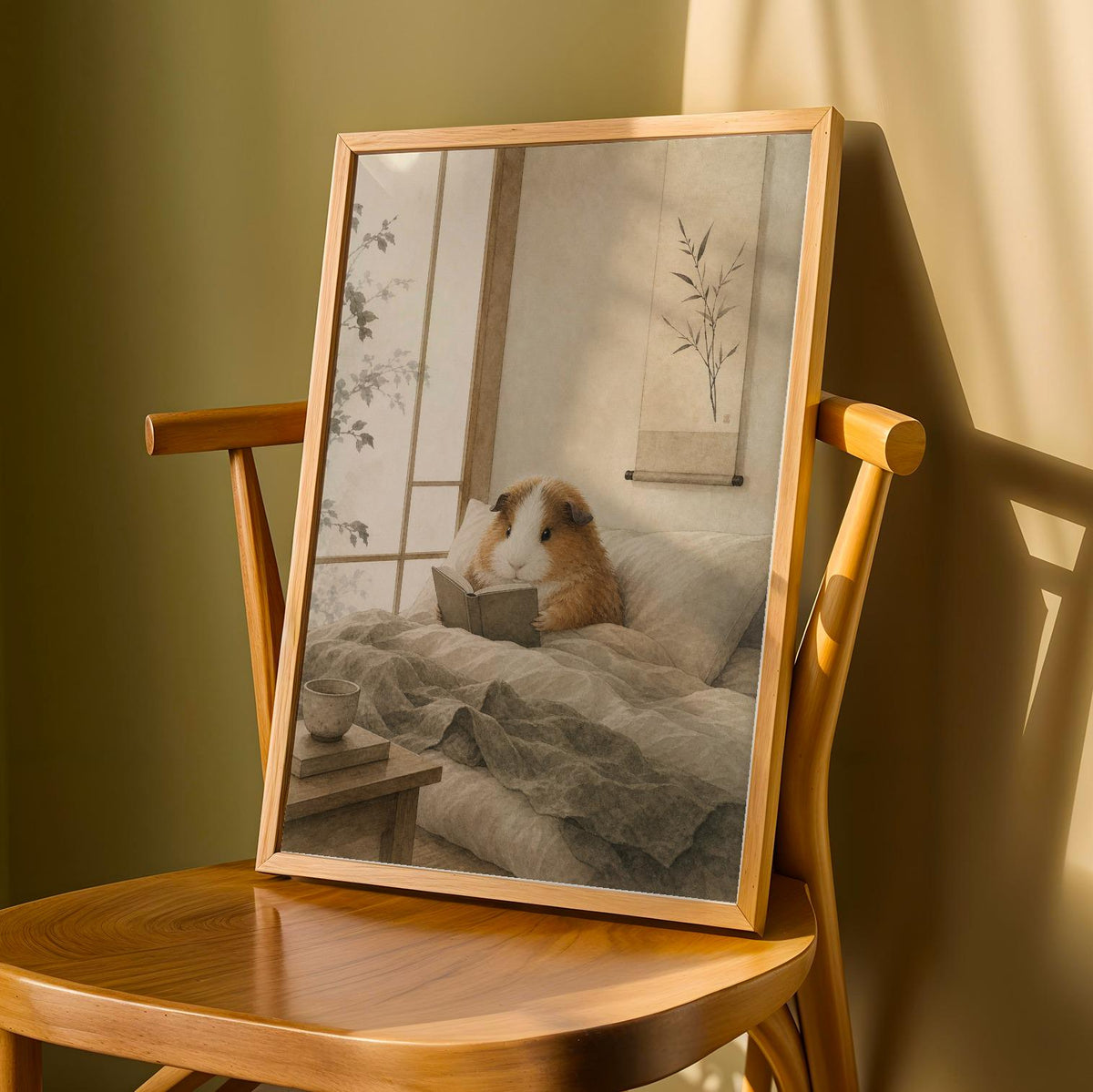 Product detail view of Teddy Guinea Pig Reading in Bed Poster.