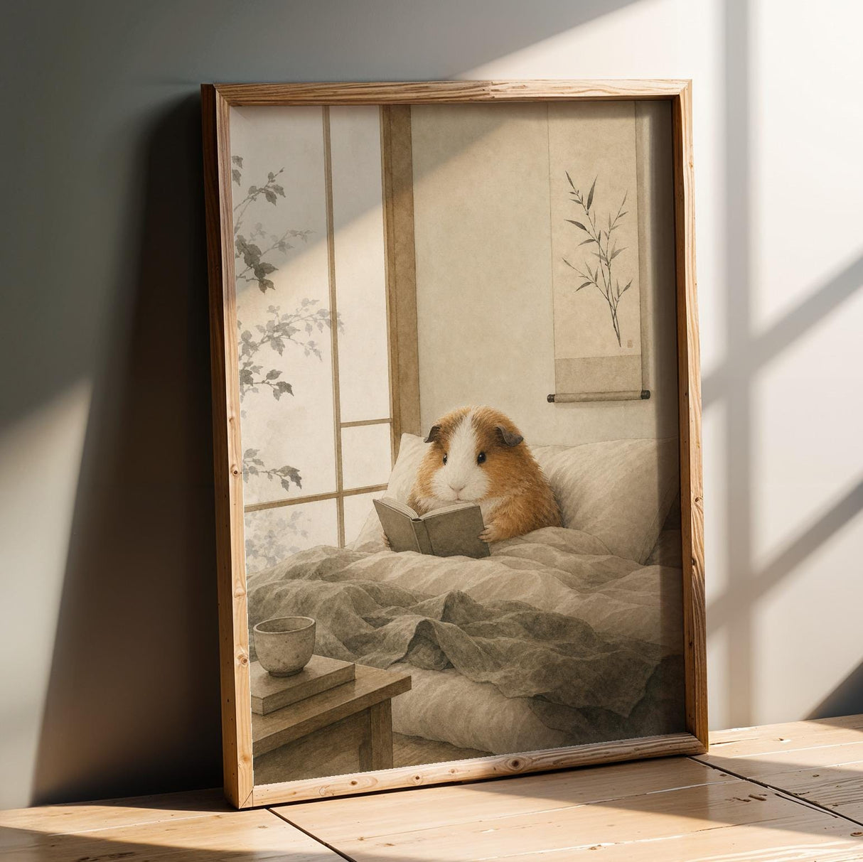 Product presentation view of Teddy Guinea Pig Reading in Bed Poster.