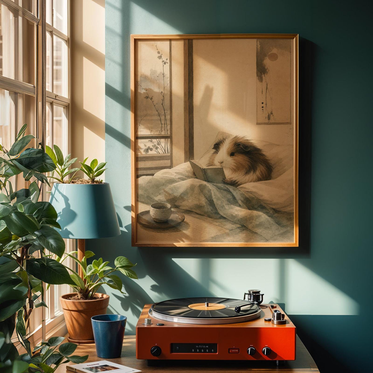 Alternate product view of Sheltie Guinea Pig Reading in Bed Poster.