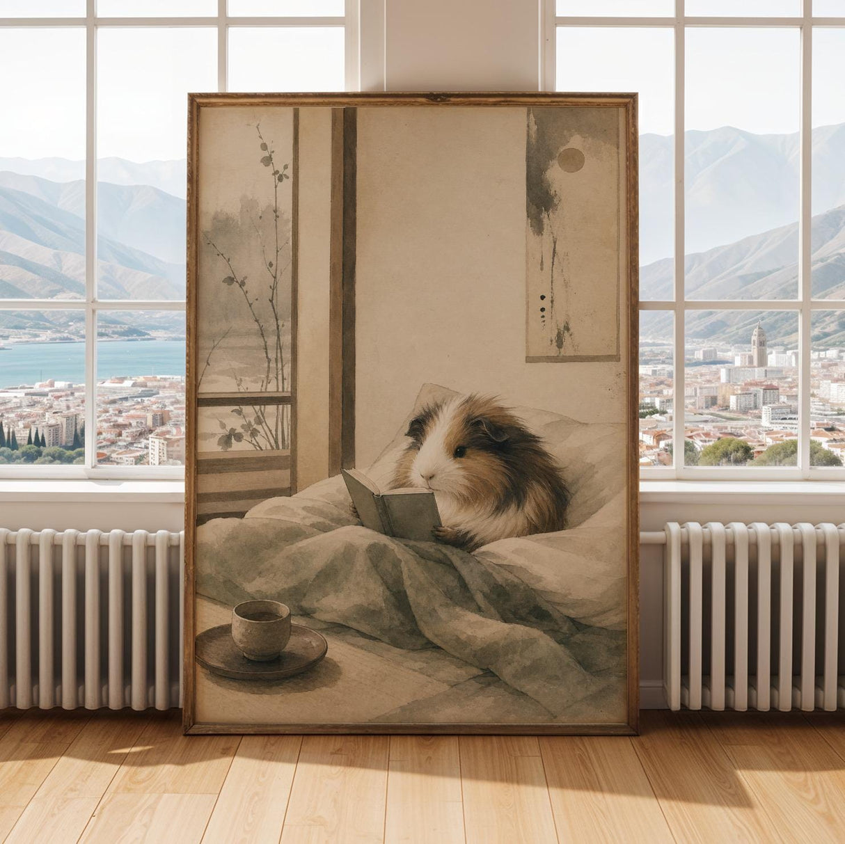 Alternate gallery view of Sheltie Guinea Pig Reading in Bed Poster.