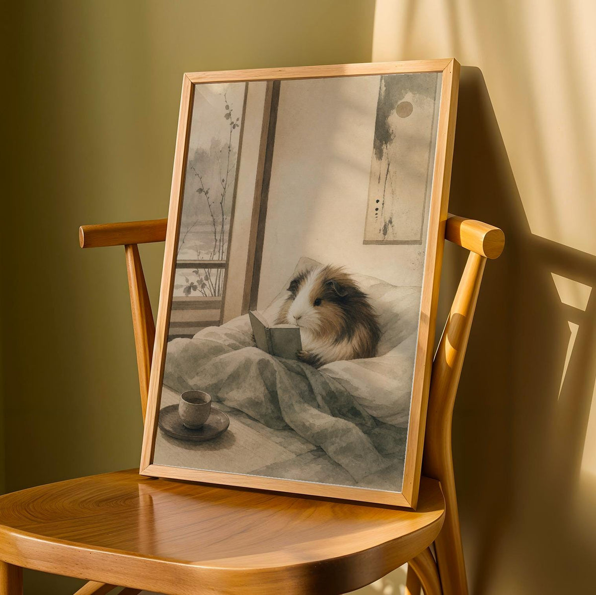 Product detail view of Sheltie Guinea Pig Reading in Bed Poster.