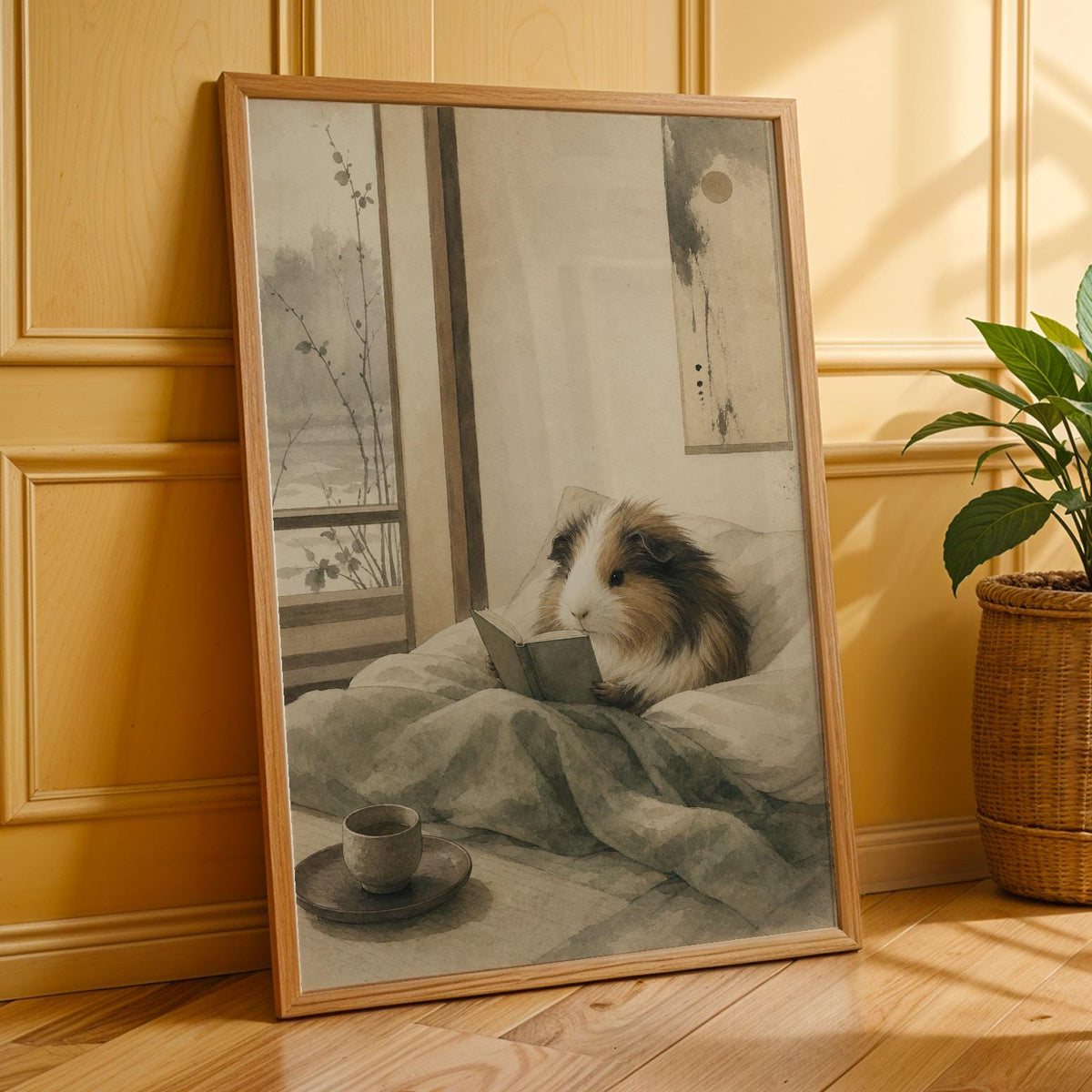 Additional product presentation of Sheltie Guinea Pig Reading in Bed Poster.