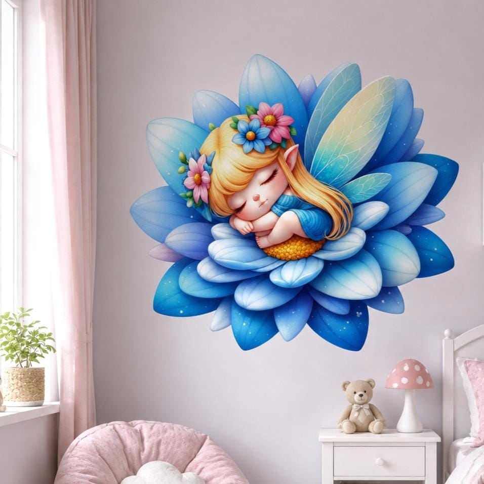 Cute sleeping fairy with blonde hair and delicate wings resting on a large blue flower, with small pink and blue blossoms.
